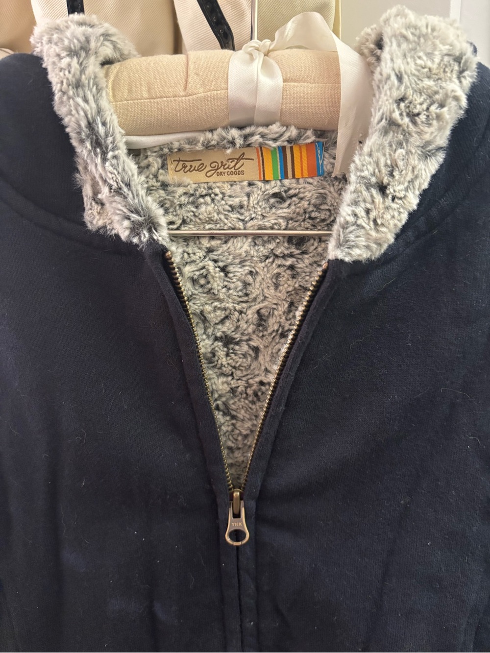 True Grit Navy Hooded Jacket with Faux Fur Lining only worn a few times